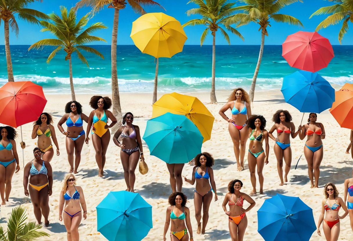A vibrant beach scene featuring diverse individuals of all body types enjoying the sun in stylish eco-friendly swimwear. Include colorful beach umbrellas, palm trees, and laughter in the air, creating a sense of joy and inclusivity. The background should showcase a clear blue sky and sparkling ocean waves. super-realistic. vibrant colors. 3D.