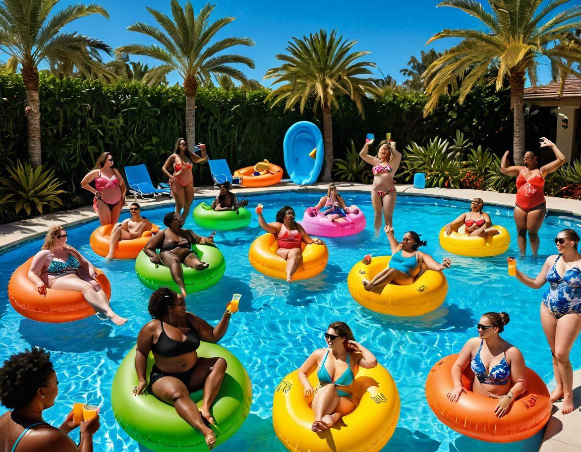 A vibrant poolside scene featuring diverse individuals of different body types and genders joyfully wearing stylish, inclusive bathing suits. Surrounding them are colorful pool floaties and refreshments, with a backdrop of palm trees and a bright blue sky. The atmosphere conveys a sense of fun, acceptance, and celebration of body positivity. The water sparkles under the sun, enhancing the festive vibe. super-realistic. vibrant colors. bright background.